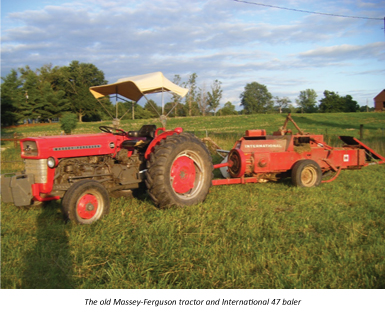 Massey Ferguson tractor and International Harvester baler.
