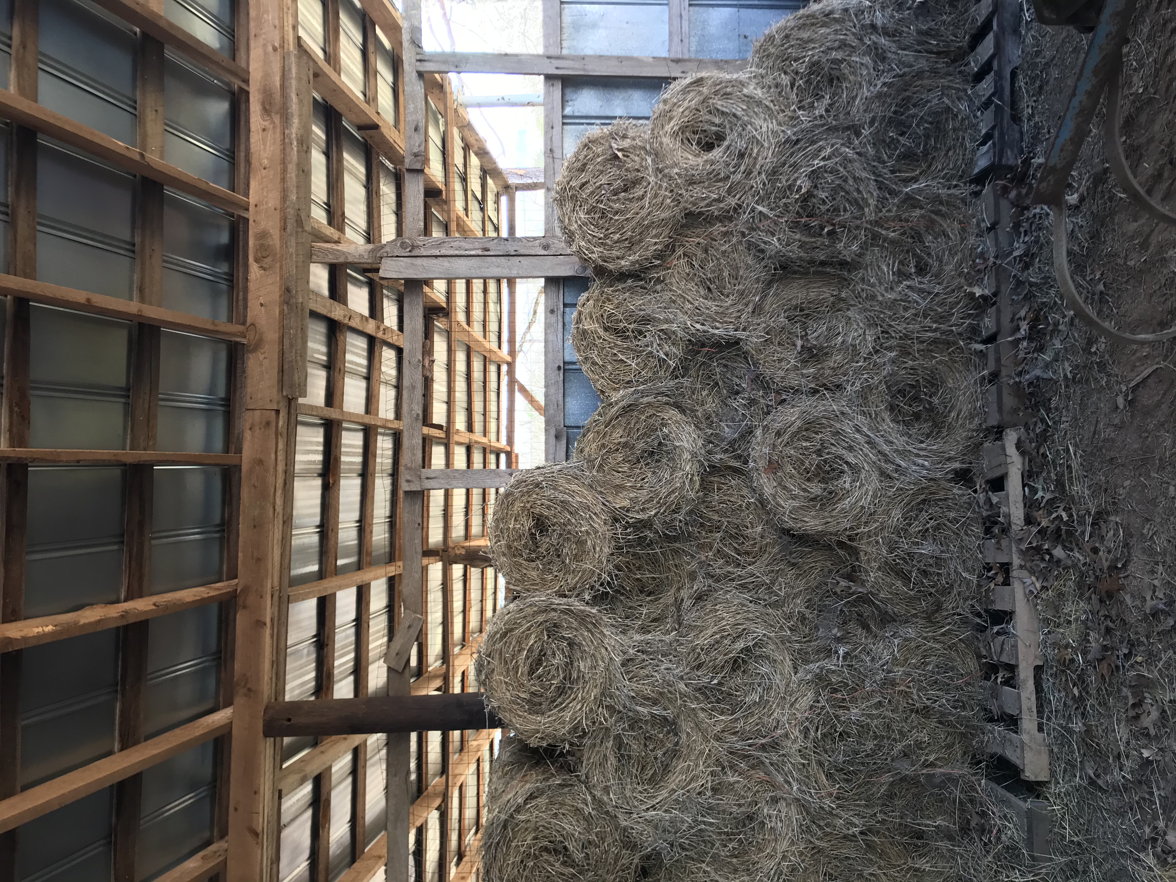 Mini round bales with twine wrap stacked in a barn in a honeycomb pattern. 
