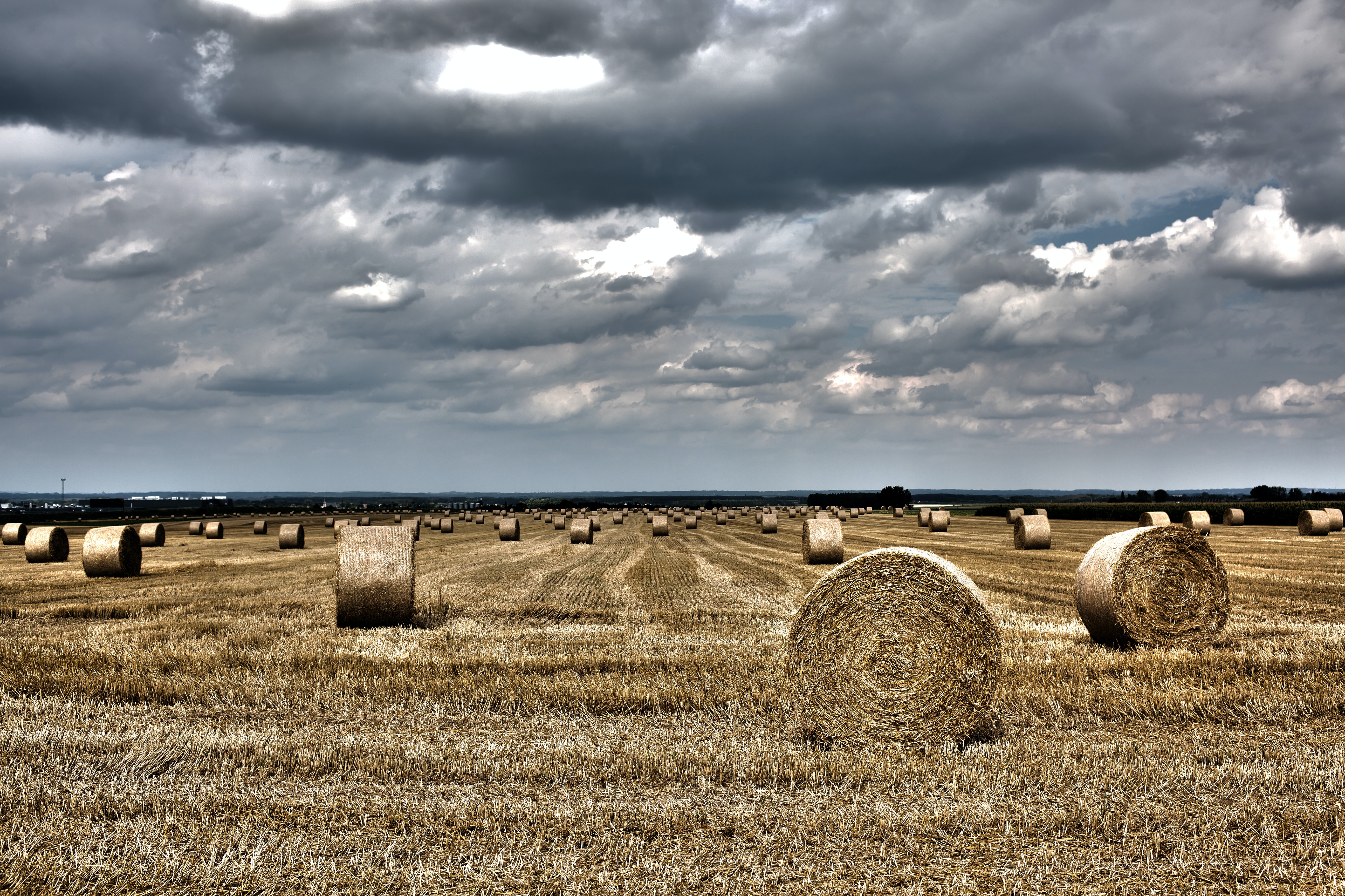 Hay bales under a cloudy sky. Hay bales under a cloudy sky.