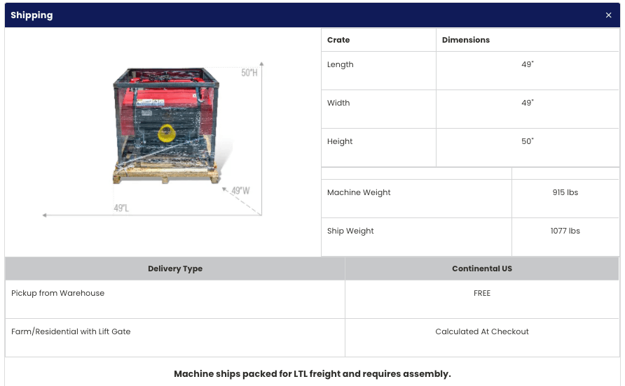 Shipping specifications for the Ibex TX31 Mini Round Baler.